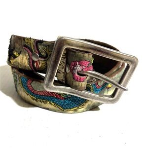 Leather Vintage unisex Colorful Dragon Pattern Belt with Silver Buckle size 34